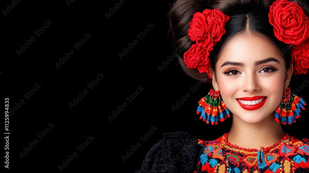 Naklejka premium Beautiful Woman in Traditional Mexican Dress Red Flowers Colorful Jewelry Portrait