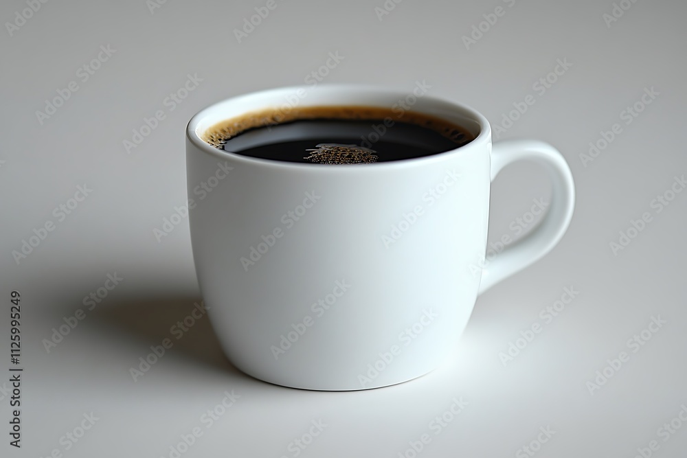 A simple coffee scene: a white porcelain mug filled with coffee, placed on a white background so seamless that cup and ground seem to merge. The coffee’s surface is calm, revealing no foam or A simple coffee scene: a white porcelain mug filled with coffee, placed on a white background so seamless that cup and ground seem to merge. The coffee’s surface is calm, revealing no foam or