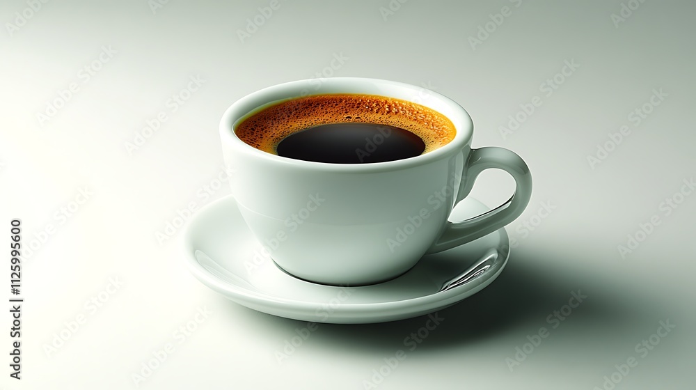 A small espresso cup brimming with coffee sits at the center of a white background. Its glossy surface reflects the surrounding light, while the coffee’s surface is nearly black, smooth, and A small espresso cup brimming with coffee sits at the center of a white background. Its glossy surface reflects the surrounding light, while the coffee’s surface is nearly black, smooth, and