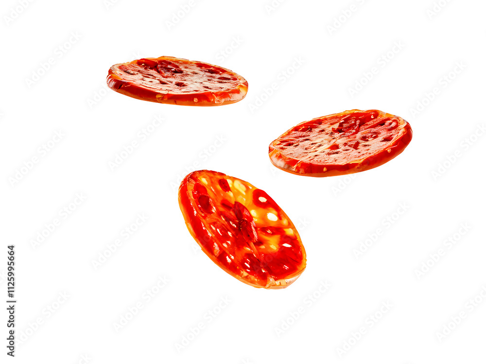 Pepperoni slices flying, isolated on transparent background. Pepperoni slices flying, isolated on transparent background.