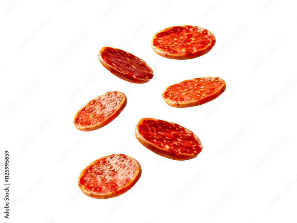 Pepperoni slices flying, isolated on transparent background. Pepperoni slices flying, isolated on transparent background.