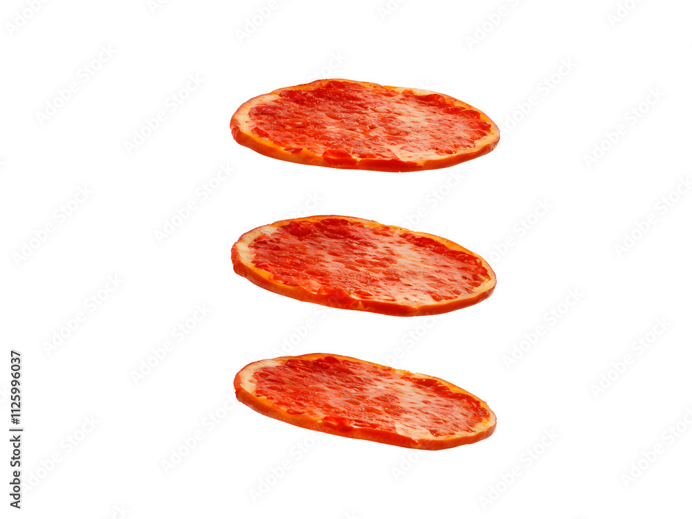 Pepperoni slices flying, isolated on transparent background. Pepperoni slices flying, isolated on transparent background.