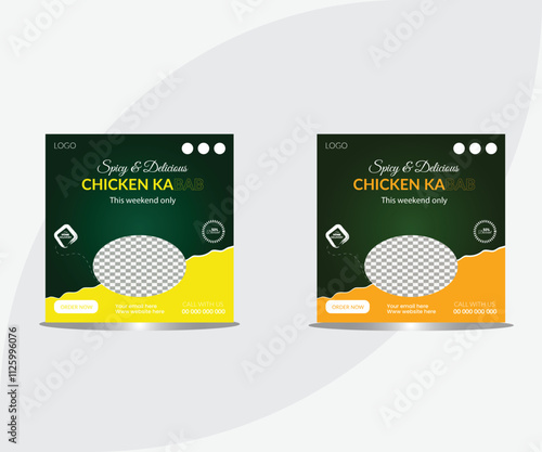 Chicken Kebab Instagram Post. perfect for restaurants and food businesses, Social Media Post Template. Fresh restaurant social media post design spicy shish kebab sale banner template