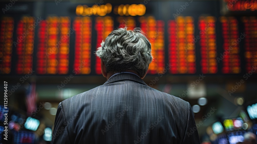 Man in suit observing stock market data on large screens.