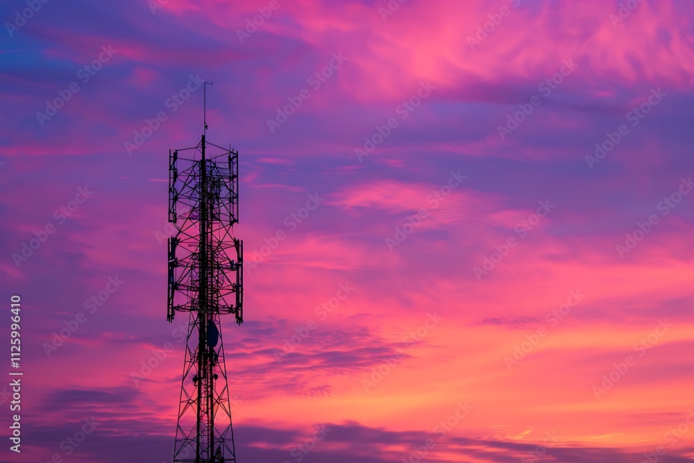 Fototapeta premium Telecommunication tower with sunset sky background