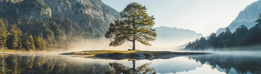 Serene Solitary Tree on Island Mountain Lake Serene Solitary Tree on Island Mountain Lake
