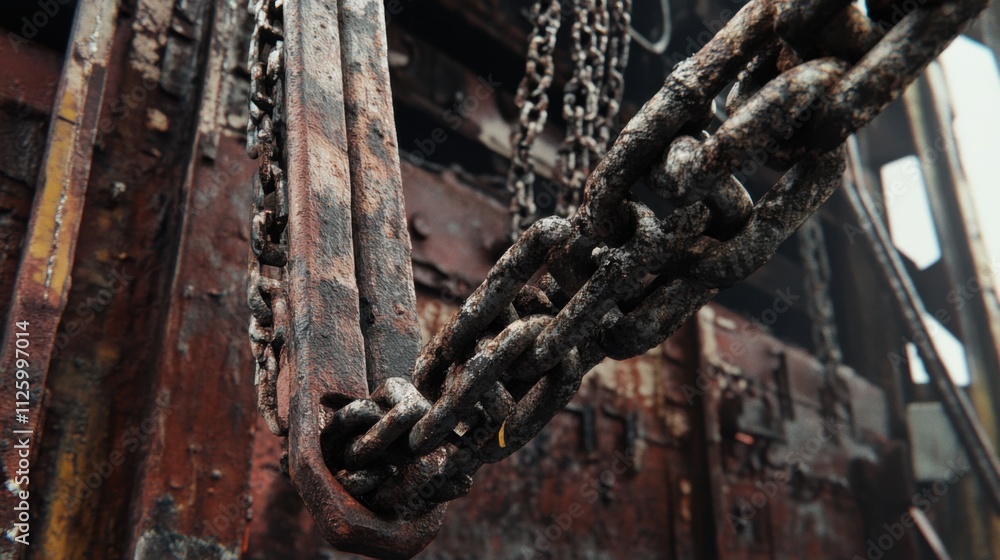 Close-up of metal chains hanging from an overhead crane, with worn textures and oil stains creating a rugged effect Close-up of metal chains hanging from an overhead crane, with worn textures and oil stains creating a rugged effect