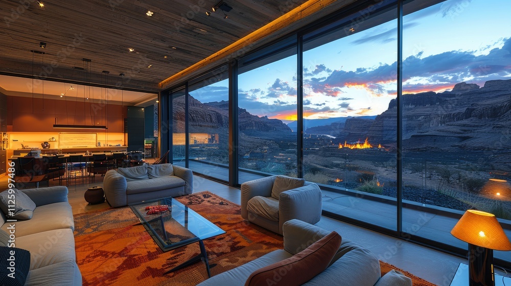 Fototapeta premium Modern living room with panoramic sunset view.
