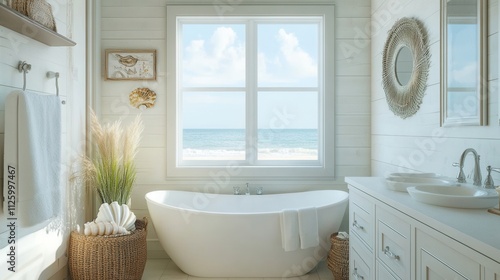 Coastal bathroom with shiplap walls, seashell decor, and a window overlooking the ocean breeze photo