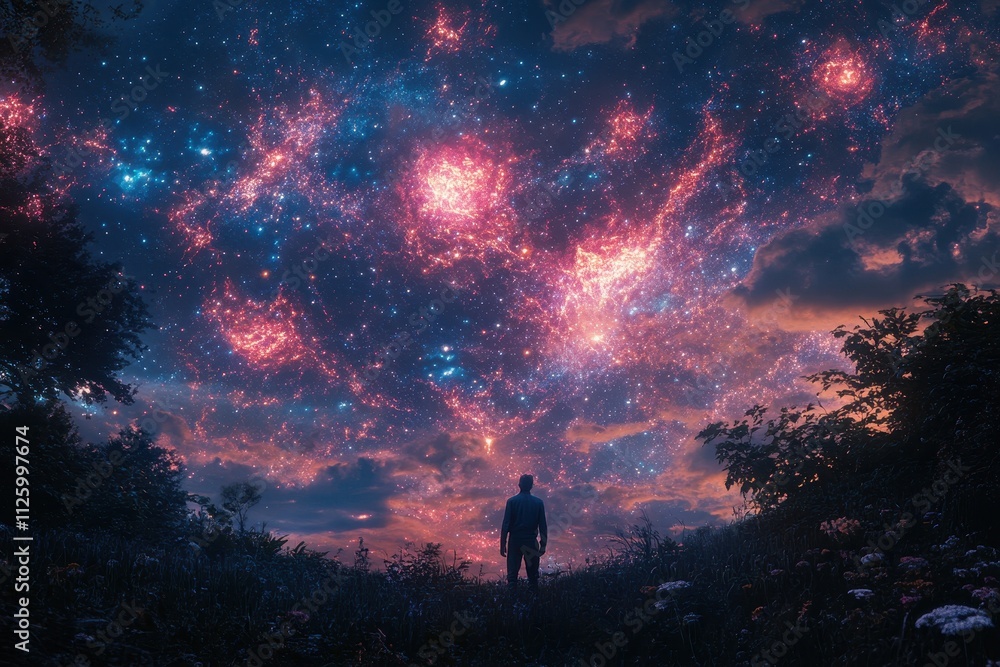 Man silhouetted against vibrant, cosmic sky; swirling nebulae and stars. Ideal for themes of wonder, dreams, exploration, and the vastness of space. Man silhouetted against vibrant, cosmic sky; swirling nebulae and stars. Ideal for themes of wonder, dreams, exploration, and the vastness of space.