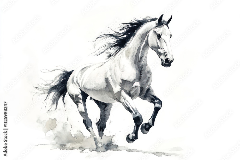 Fototapeta premium White horse galloping, watercolor painting.