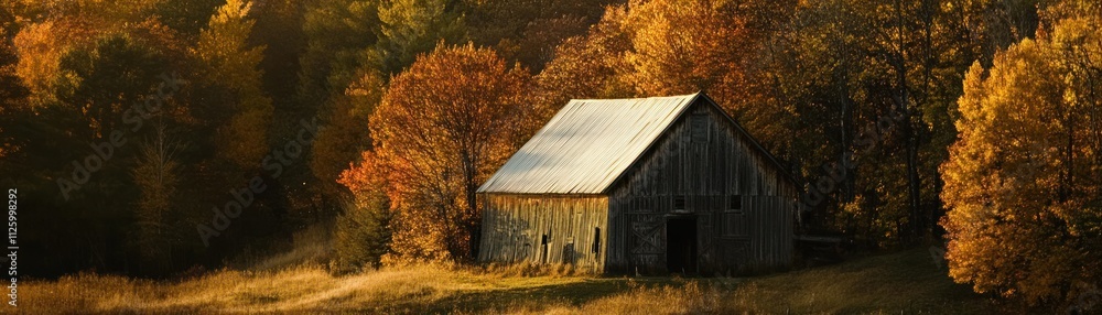Rustic Wooden Barn Amidst Autumnal Trees Rustic Wooden Barn Amidst Autumnal Trees