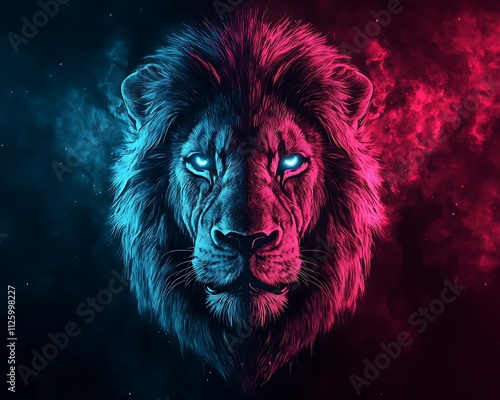 A striking neon lion face depicted in a gradient of crimson and electric blue creating a dramatic visual impact