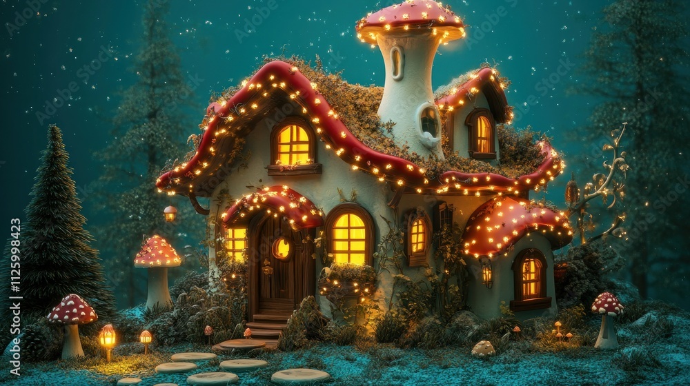 Obraz premium Enchanting Fairy House Illuminated In A Mystical Forest