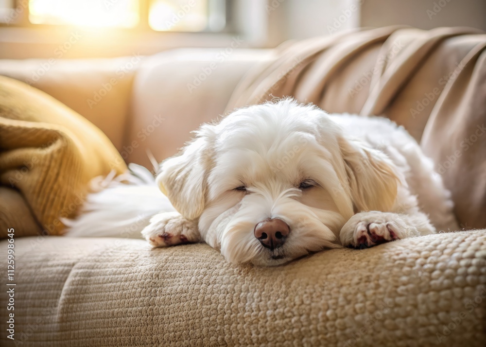 Adorable White Dog Sleeping on Sofa - Sweet Puppy Nap - Fluffy Dog Cozy Home Adorable White Dog Sleeping on Sofa - Sweet Puppy Nap - Fluffy Dog Cozy Home