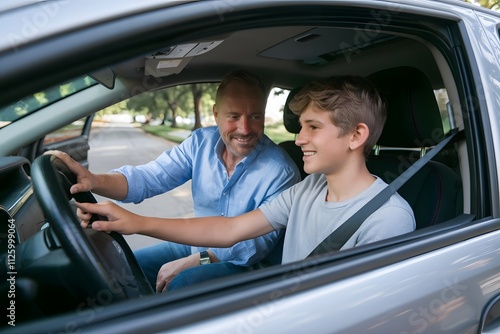 Parents teaching their children how to drive with patience and care.