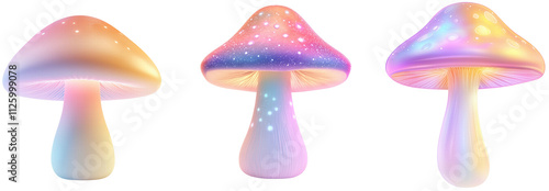 Colorful and Dreamy Mushrooms with a Magical Glow Effect isolated on transparent background.