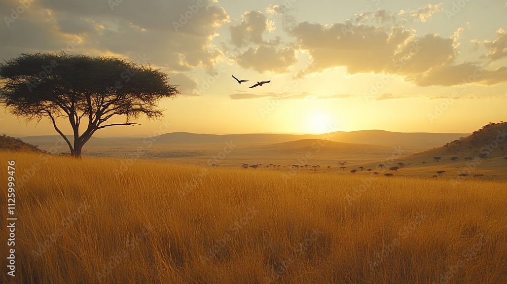 Golden sunset over African savanna with acacia tree and birds. Golden sunset over African savanna with acacia tree and birds.