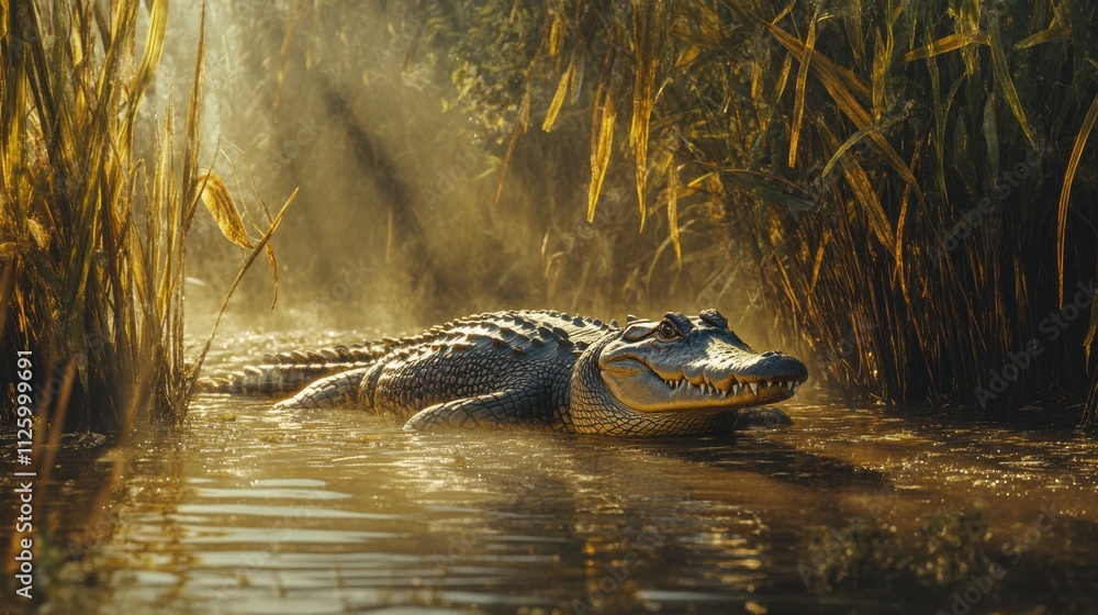 Crocodile basking in sunlight on a riverbank surrounded by reeds Crocodile basking in sunlight on a riverbank surrounded by reeds