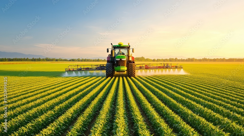 Tractor Spraying Pesticide on Wheat Field at Sunset Tractor Spraying Pesticide on Wheat Field at Sunset