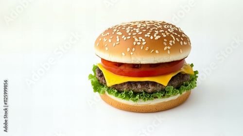 A perfectly stacked hamburger with layers of juicy beef, cheese, lettuce, and tomato, photographed from a slight angle on a clean white surface photo