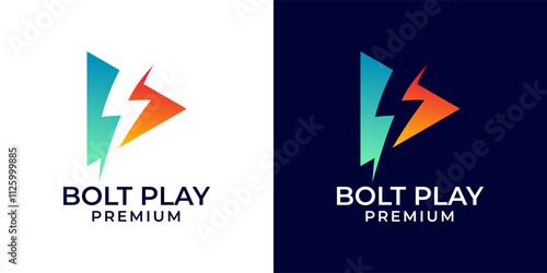 Lightning bolt with play button logo design. Play icon with lightning logo template. Vector logo template of bolt, lightning, play, video, company, production, modern, colorful, creative.