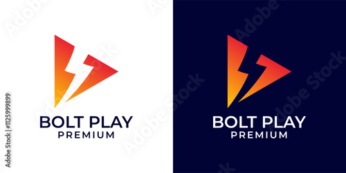 Lightning bolt with play button logo design. Play icon with lightning logo template. Vector logo template of bolt, lightning, play, video, company, production, modern, colorful, creative.