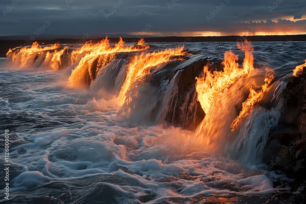 Fototapeta premium Fiery Waterfalls Flowing into the Ocean at Sunset