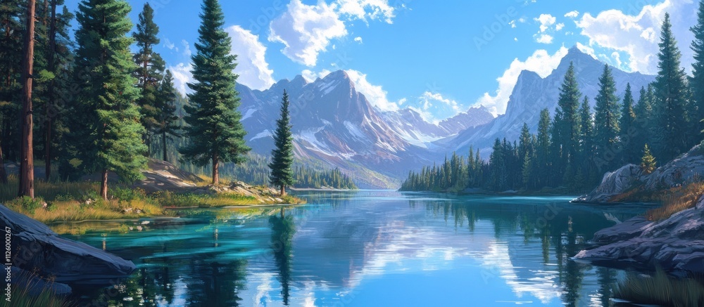 Naklejka premium Serene mountain lake reflecting a sunny sky and snow-capped peaks.