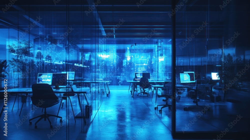 Modern Office Night Scene Blue Lit Workspace Modern Office Night Scene Blue Lit Workspace