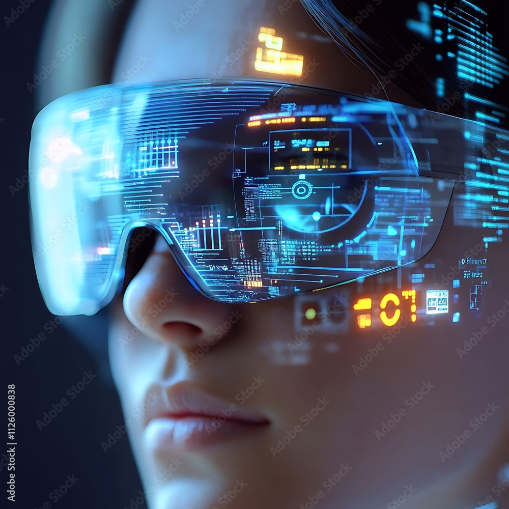 Woman wearing futuristic AR glasses displaying digital data. Woman wearing futuristic AR glasses displaying digital data.