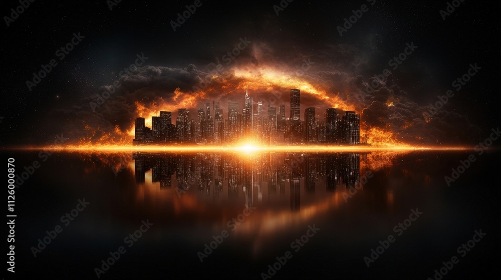 Obraz premium A cityscape with a bright sun reflecting off the water