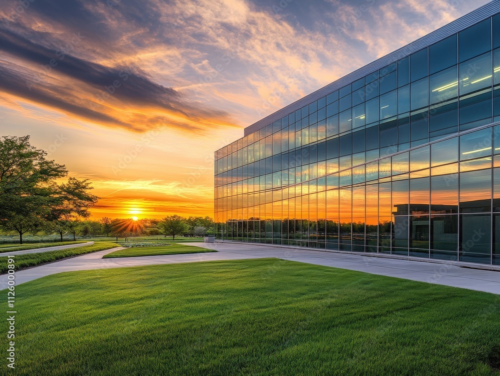 Obraz premium modern office building at sunset with reflective glass