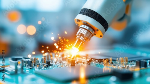 Robotics Revolution: A close-up shot captures the precision of a robotic arm welding a circuit board, sparks flying in a mesmerizing display of technological advancement.   photo