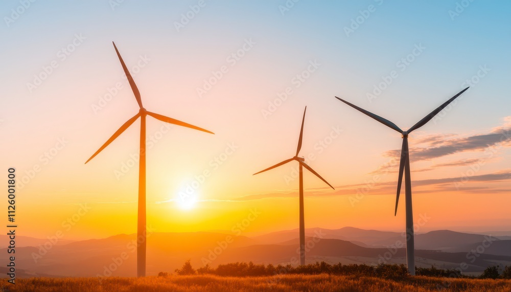 Wind turbines silhouetted against a sunset in a mountainous landscape. Wind turbines silhouetted against a sunset in a mountainous landscape.