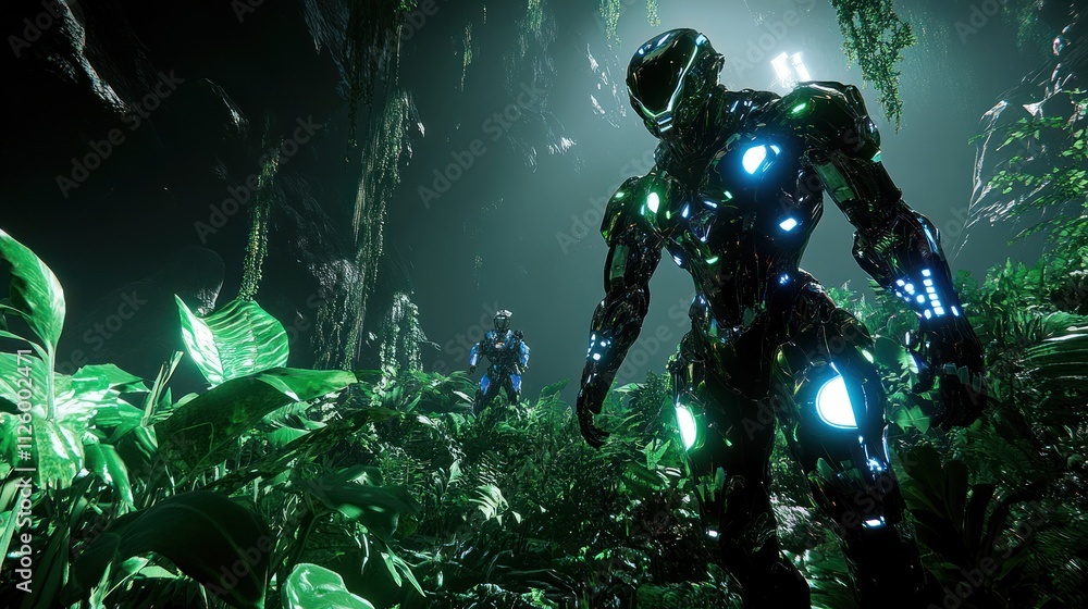Futuristic Robots Exploring a Lush Green Jungle Environment Futuristic Robots Exploring a Lush Green Jungle Environment