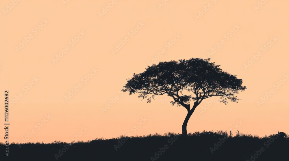 A minimalist abstract design of a single tree silhouetted against soft color gradients of dusk sky hues A minimalist abstract design of a single tree silhouetted against soft color gradients of dusk sky hues