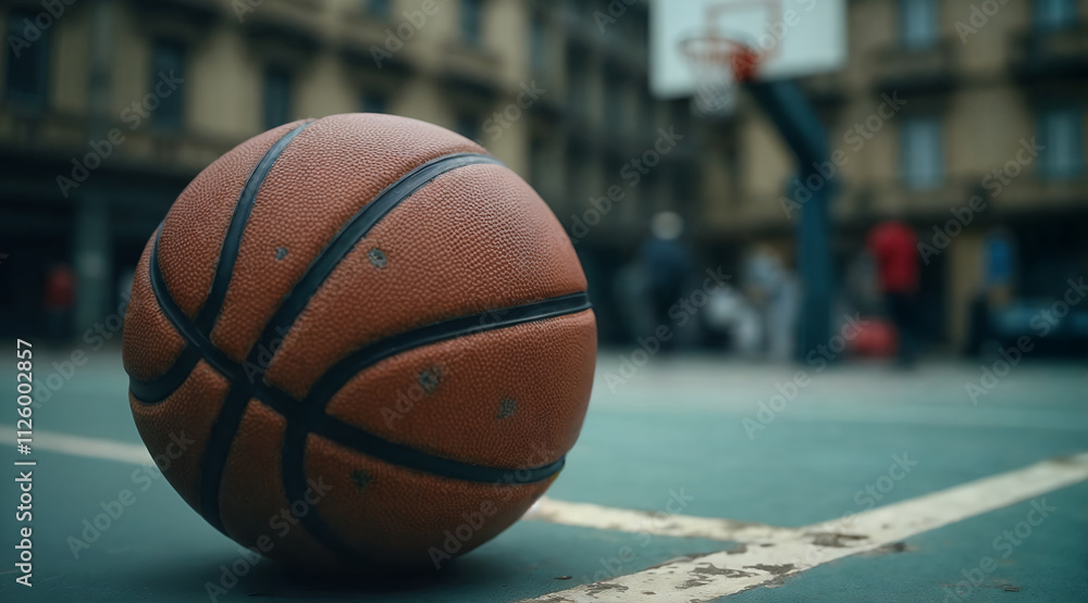 Street basketball energy captured with a lone ball on an urban court under golden sunlight Street basketball energy captured with a lone ball on an urban court under golden sunlight