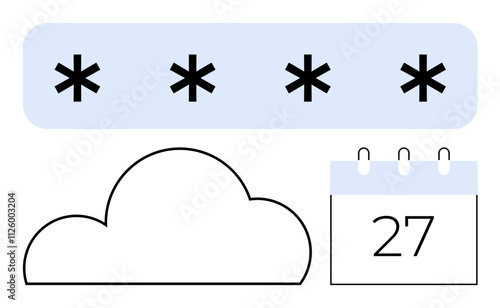 Cloud shape, password represented as asterisks, and calendar date emphasizing data protection, storage, and deadlines. Ideal for cybersecurity, cloud computing, secure access, data management online