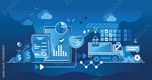 Procurement involves financial documents, handshake, and delivery truck. Outline style.