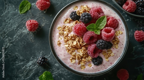 Creamy yogurt parfait with granola, raspberries, and blackberries in a bowl.