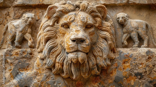 Stone lion head carving with flanking figures on aged wall. photo