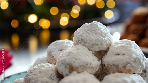 Christmas Greek dessert. Traditional homemade kourambies in a plate closeup view photo