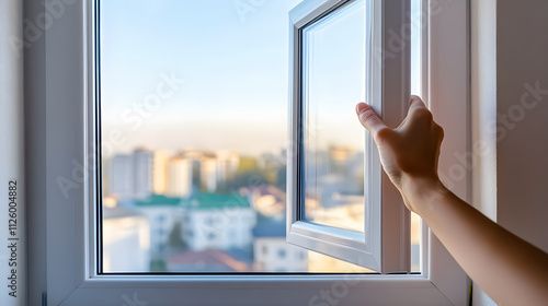 A hand opening a white plastic PVC window at home.