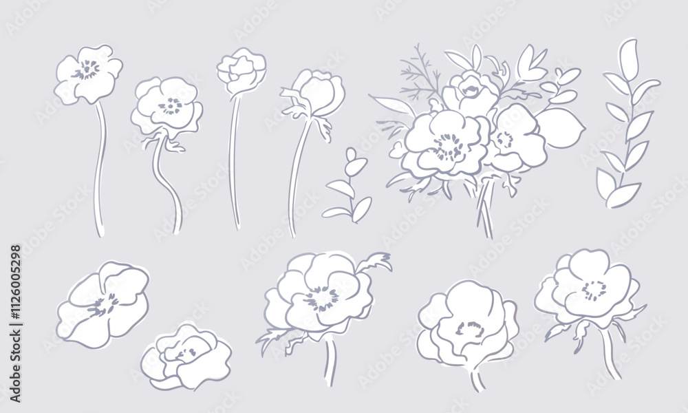Obraz premium ガーベラのベクターイラスト。シンプルな花と草木の線画背景。おしゃれな草木背景。Vector illustration of gerbera. Simple flowers and plants line drawing background. Stylish grass and trees background.