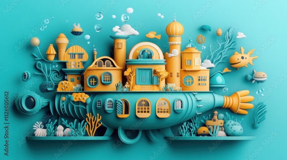Naklejka premium Underwater Town Aboard A Submarine Vessel