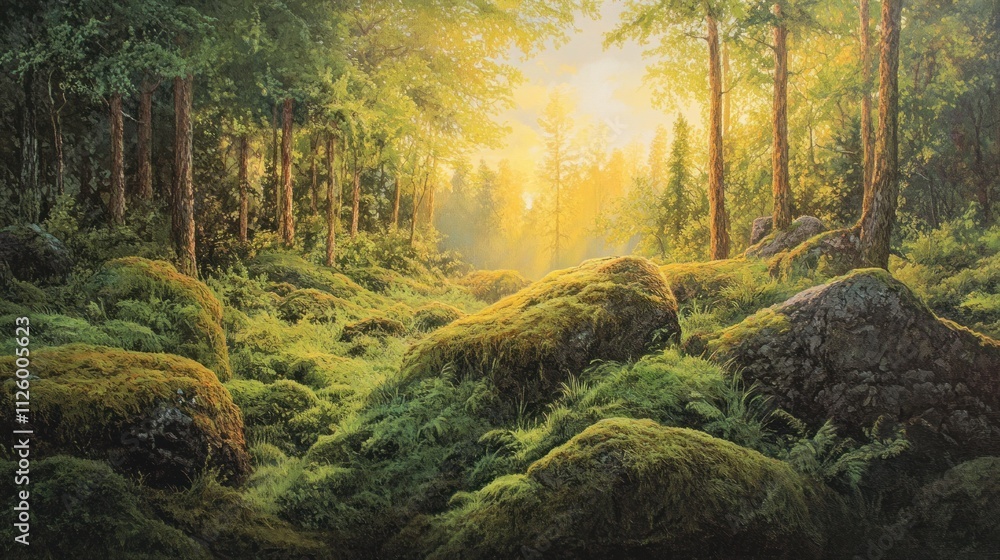 Sunlit Forest Path: A Serene Mossy Landscape Sunlit Forest Path: A Serene Mossy Landscape