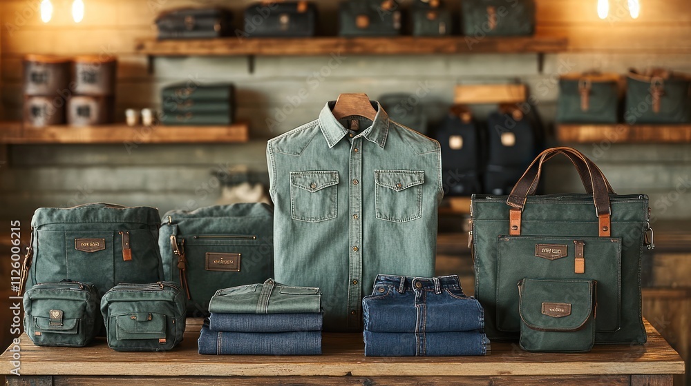 Rustic shop display featuring denim shirt, jeans, and canvas bags. Rustic shop display featuring denim shirt, jeans, and canvas bags.