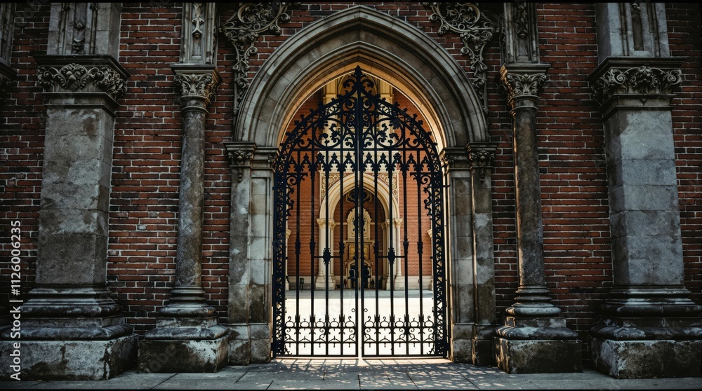 A weathered gothic-style iron gate with tall pillars, evoking a sense of history and mystery, ideal for drama settings A weathered gothic-style iron gate with tall pillars, evoking a sense of history and mystery, ideal for drama settings