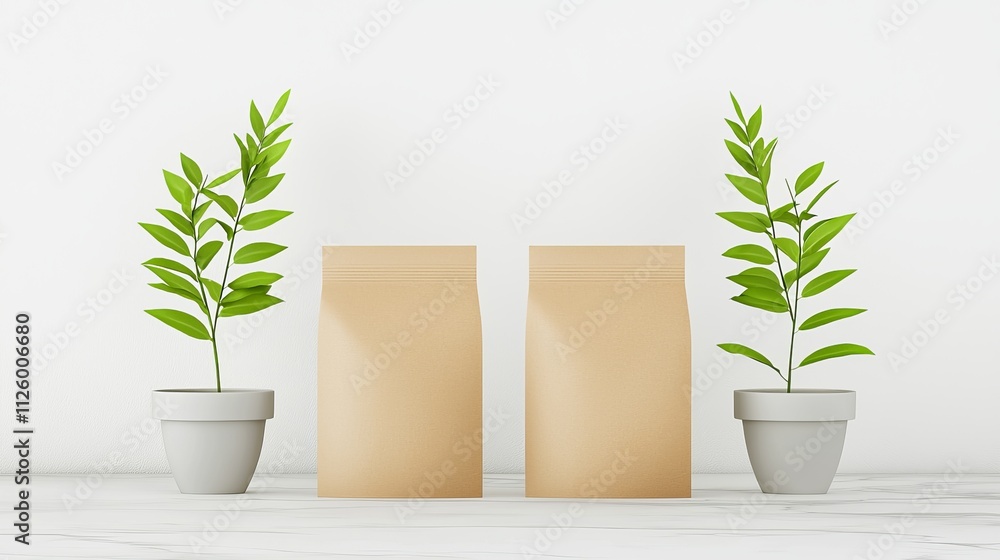 Obraz premium Coffee mockup with blank packaging and green plants minimalist studio clean aesthetic for marketing